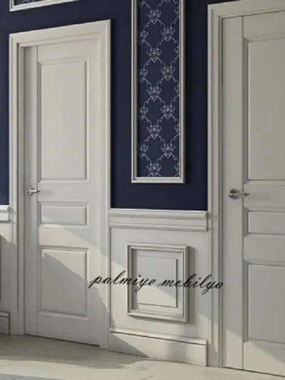 Wooden hotel room door with frame and hardware
